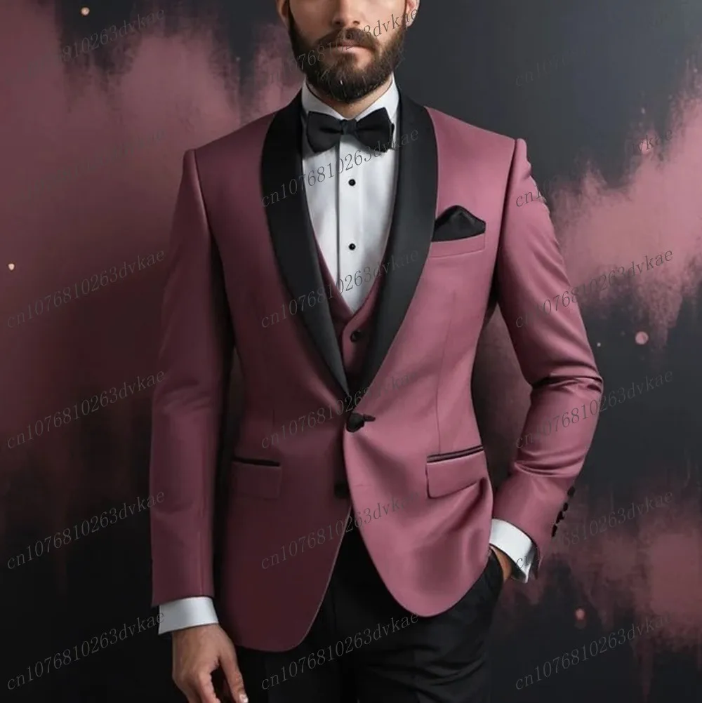 

Dark Pink And Black Men Suit Wedding Party Formal Groom Groomsman Prom Business Male Tuxedos 3 Piece Set Jacket Vest Pants