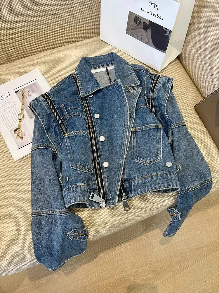 

Vintage Streetwear Bomber Motorcycle Cropped Denim Jacket Women Shoulder Pad Multi Zipper Short Ripped Jean Jacket Coats Outwear