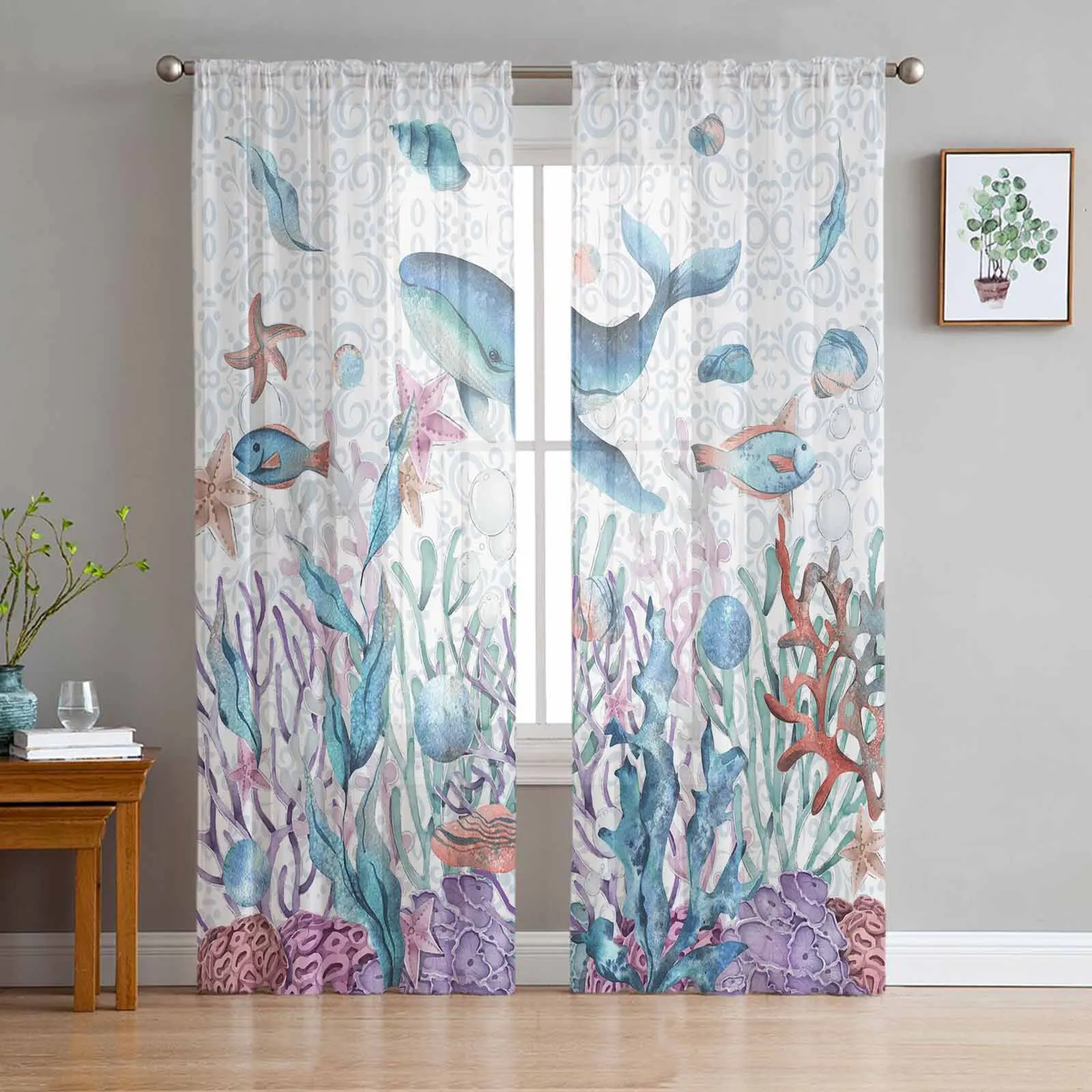 Summer Watercolor Ocean Shells Whales Starfish Window Tulle Curtains for Living Room Hotel Luxury Decoration Sheer Curtains