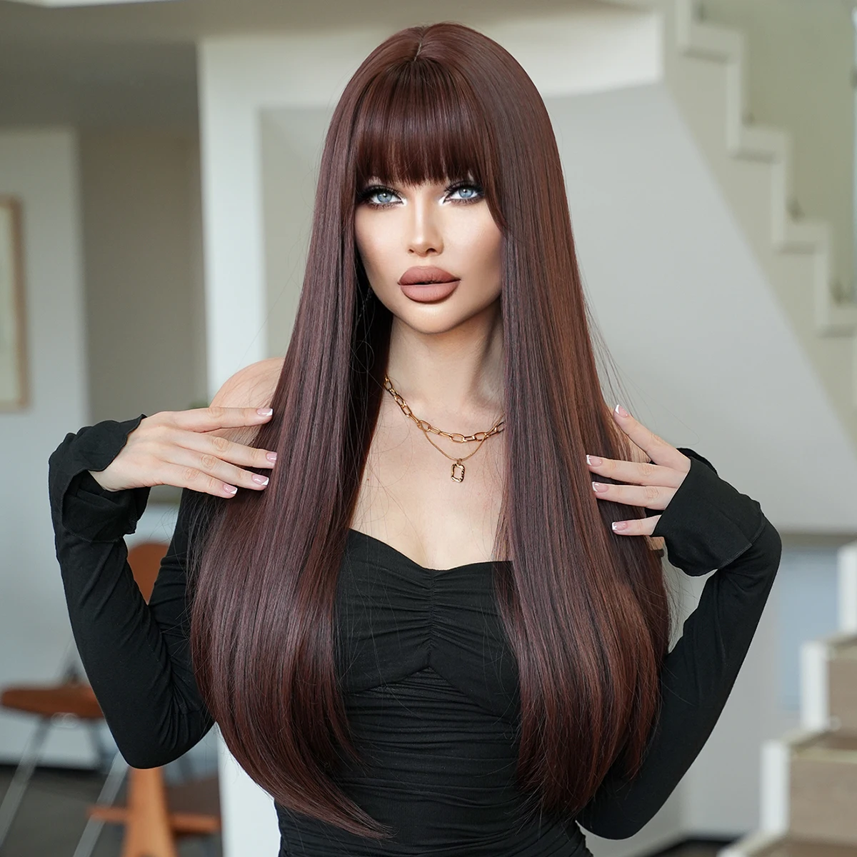 7JHH парики стандартные парики длинные прямые красно-коричневые парики для женщин ежедневное использование вечерние термостойкие синтетические волосы парик с челкой