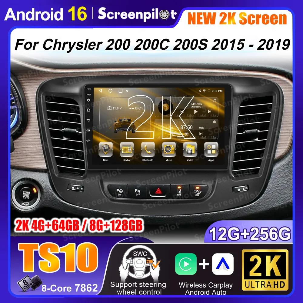 Android 14 For Chrysler 200 200C 200S 2015 - 2019 Auto Radio Multimedia Player Stereo Head Unit GPS Navigation 2K DVD HDR