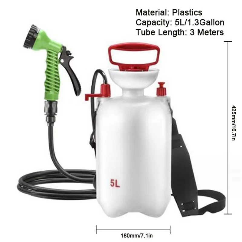 Multifunctional Camping Shower 5L/1.3Gallon Portable Pressurized Water Sprayer with 7 Spray Modes for Travel Camping