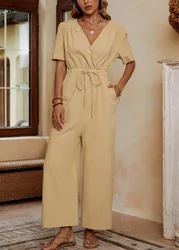 Women's thickened cotton and linen solid color short sleeved V-neck waistband pocket jumpsuit in stock