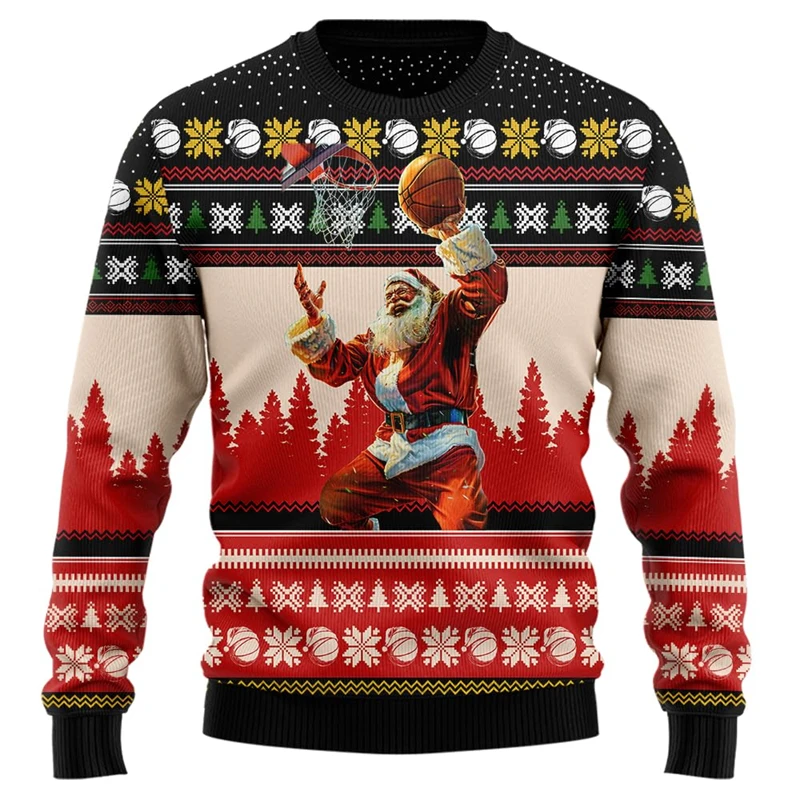 Fashion Santa Basketball Ugly Christmas Sweater For Men Funny Holiday Xmas 3D Print Kids Sports Pullover Casual Trend Sweatshirt