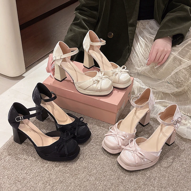 

Женские туфли-балетки с бантом на платформе, с закрытым носком, на толстом высоком каблуке
