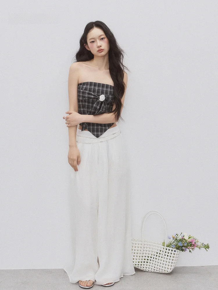 

Andasaya Plaid Strapless Crop Top Women Summer Sexy Knot Tie Waist Slim Fit Shirt Outerwear Lace Commute Style Pure...