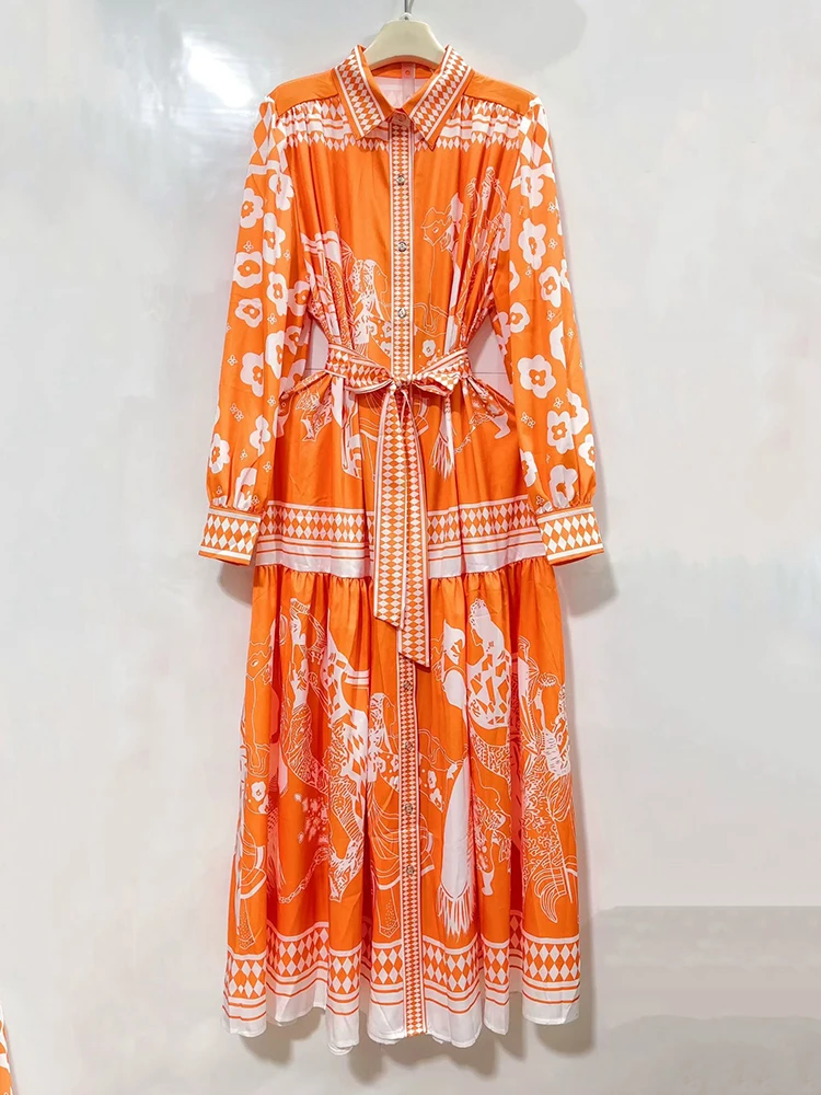 2026 Spring Women's Clothing Retro Geometric Positioned Print Lapel Belted Waist Long Dress Fashion Loose Large Size Shirt Dress