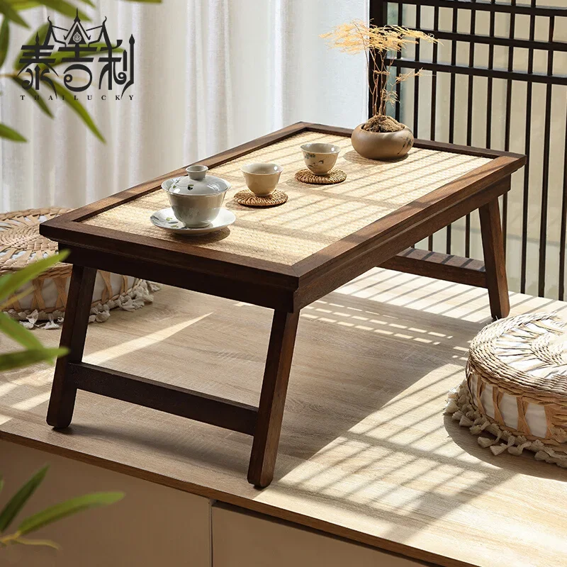 

Japanese bamboo Tatami Folable Small Desk Vintage Floor Table Solid Wood Tea Table Household Balcony Bay Window Bed Side Table