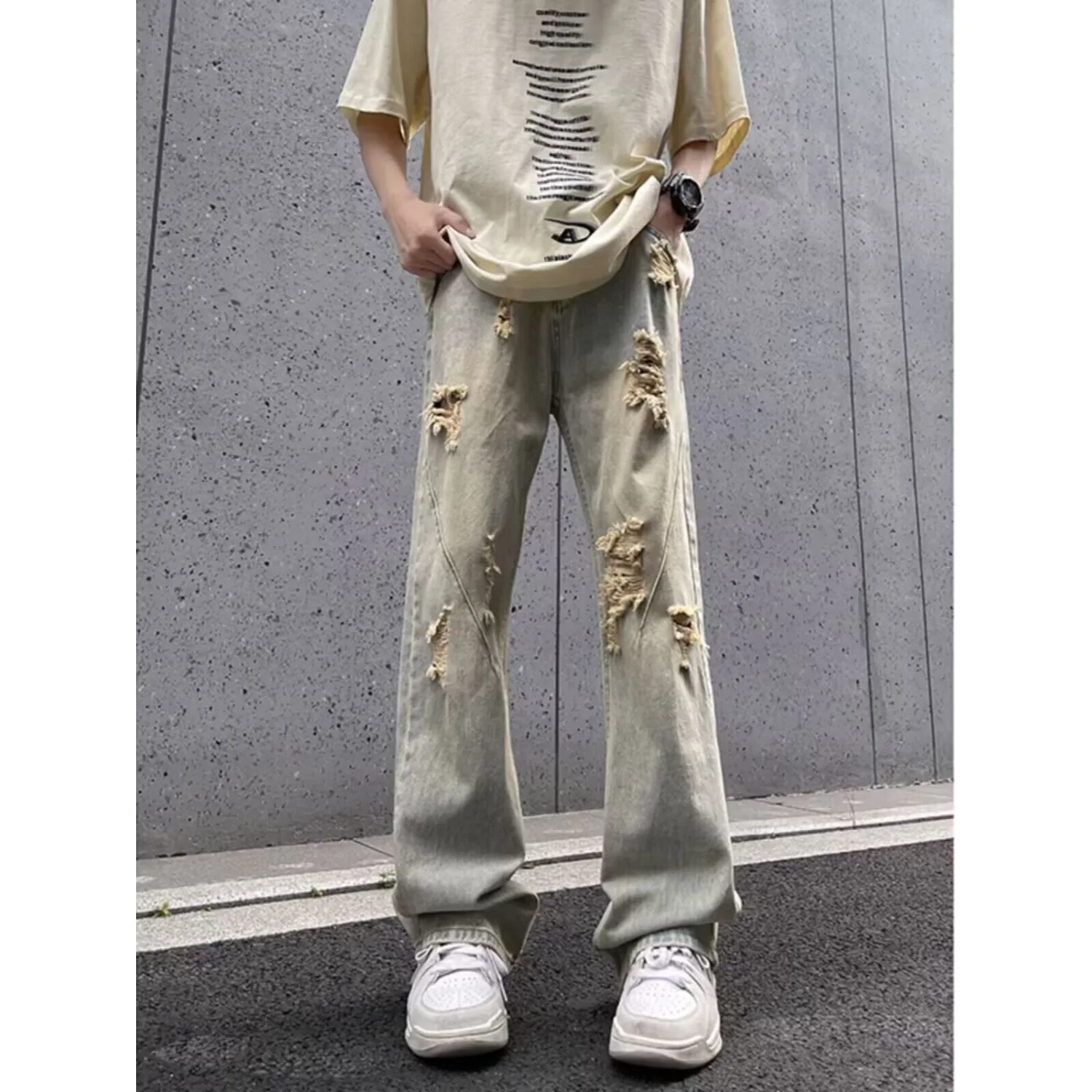 

Желтые грязевые микро-джинсы с открытыми отверстиями, новые мужские летние тонкие прямые свободные брюки в американском стиле, модный бренд