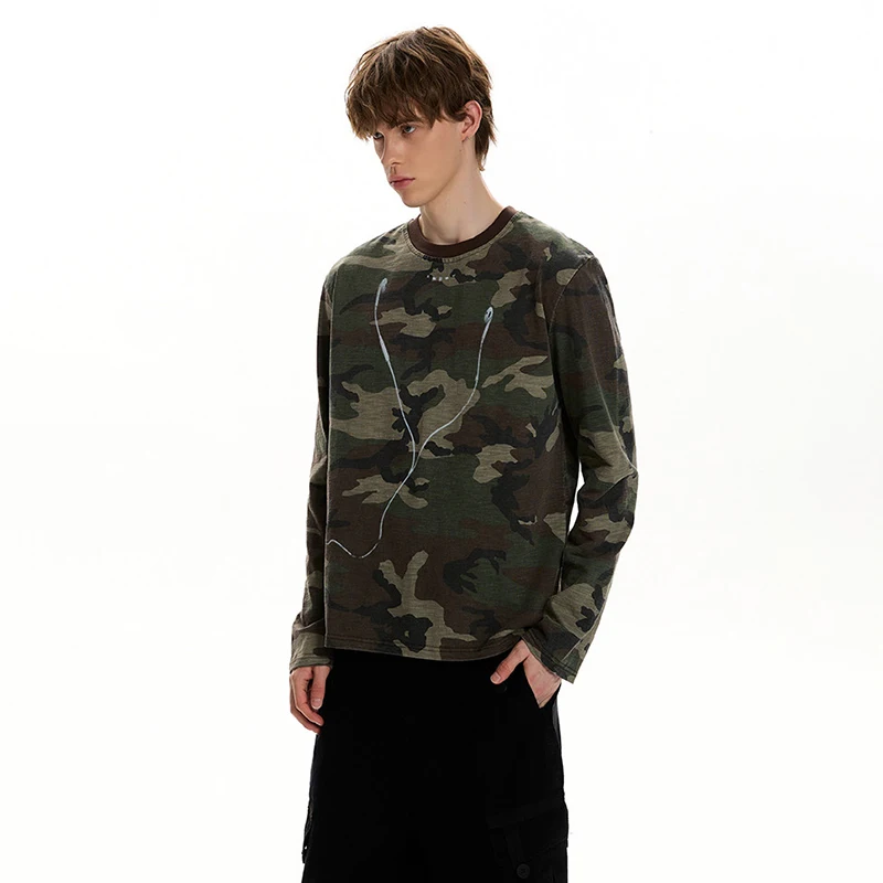 LUZHEN 2026 New Camouflage Pirnted Pattern Long Sleeve T-shirts Men High Quality Pure Cotton Round Neck Casual Male Tops JY9393