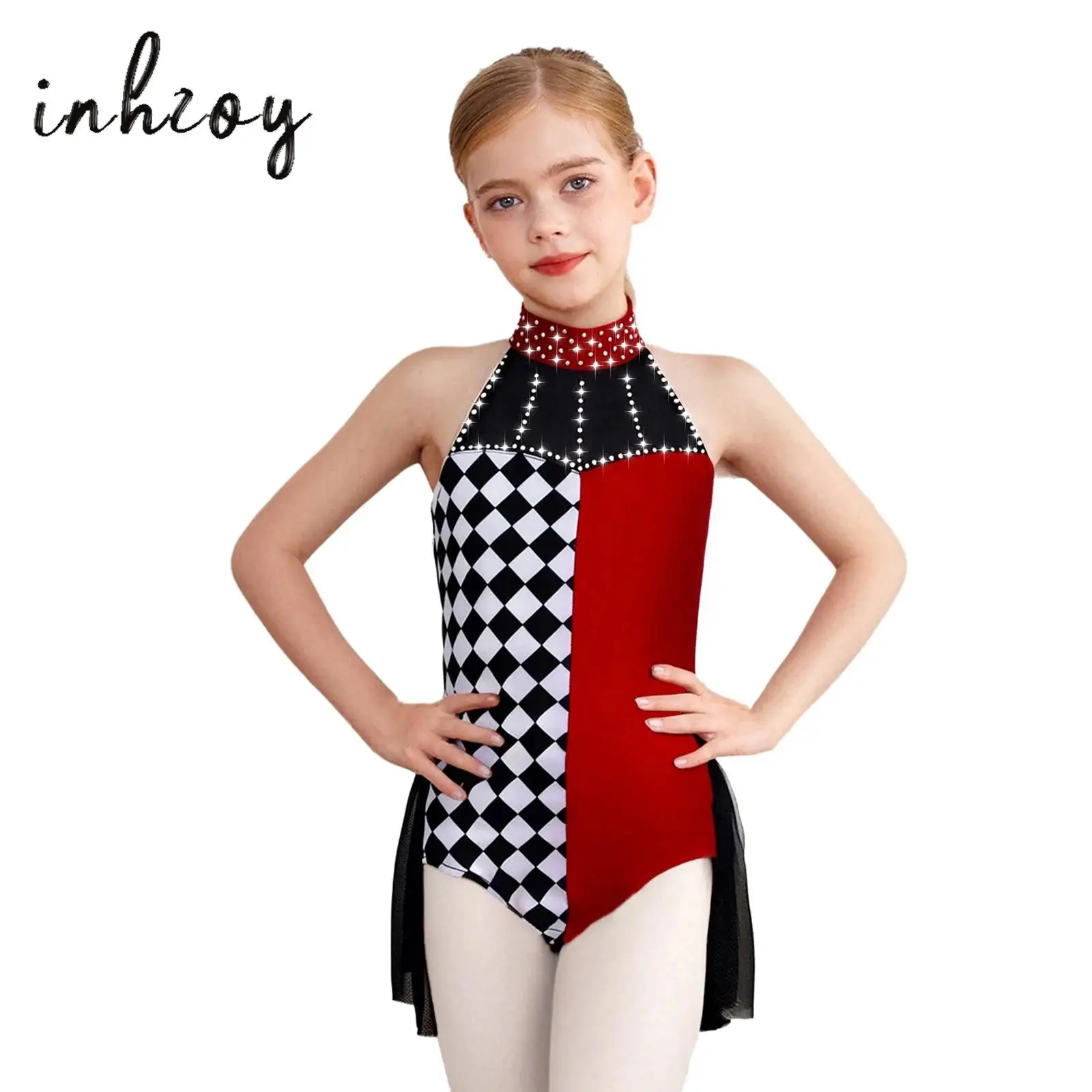 

Kids Girls Ballet Dance Leotard Party Clown Costume Color Block Patchwork Rhinestone Halter Sleeveless Mesh Overlay Jumpsuit
