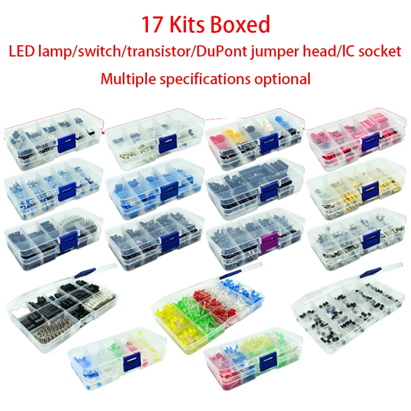 17 kinds of kit box LED3MM5MM/310PCS620PCS/TO-92/screws/IC sockets/switches/keys Boxed LED lamp/transistor/DuPont jumper head