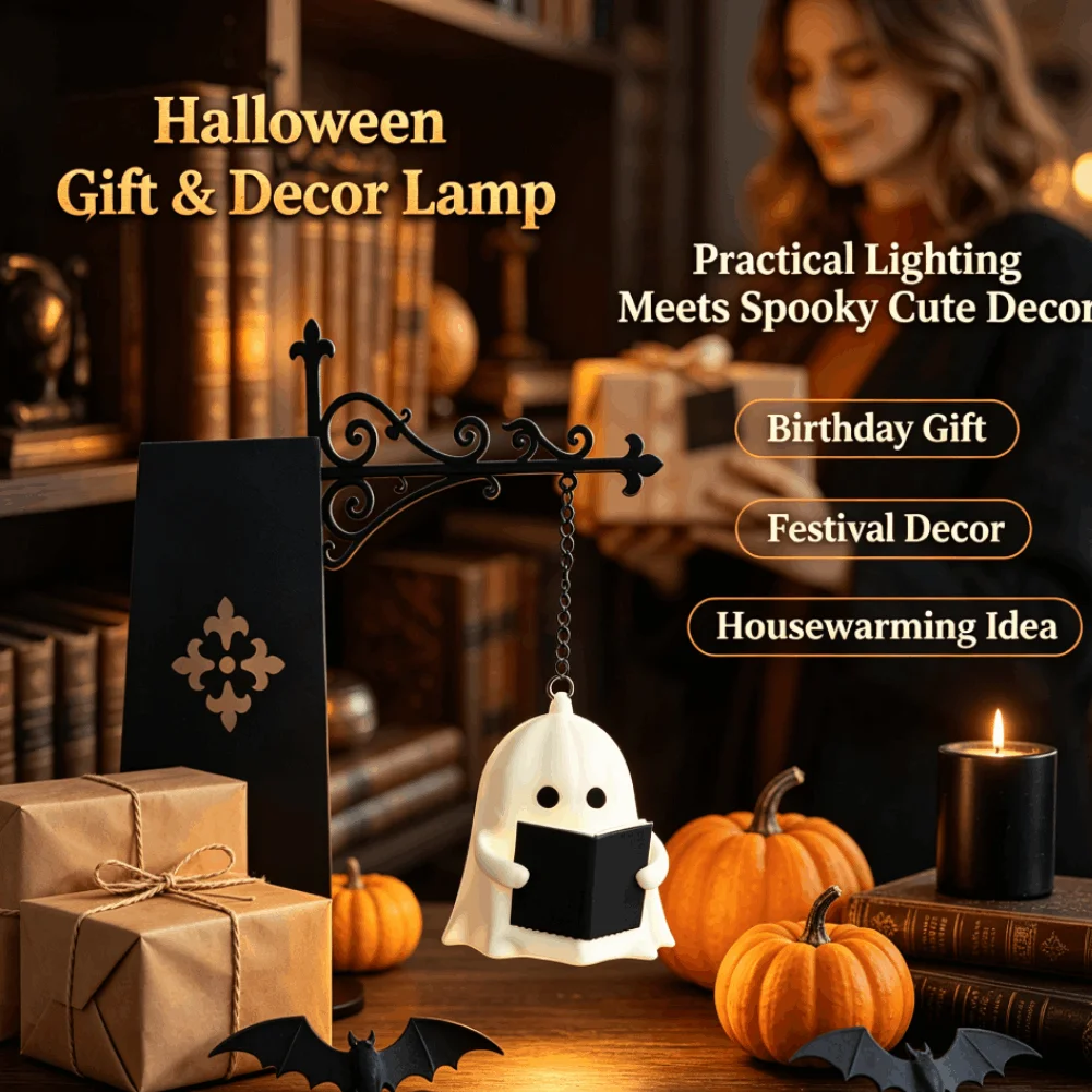Cute Ghost Reading LED Bookshelf Lamp Retro Hanging Library Lantern Soft Warm Flicker Free Night Light Decor Ornament Halloween