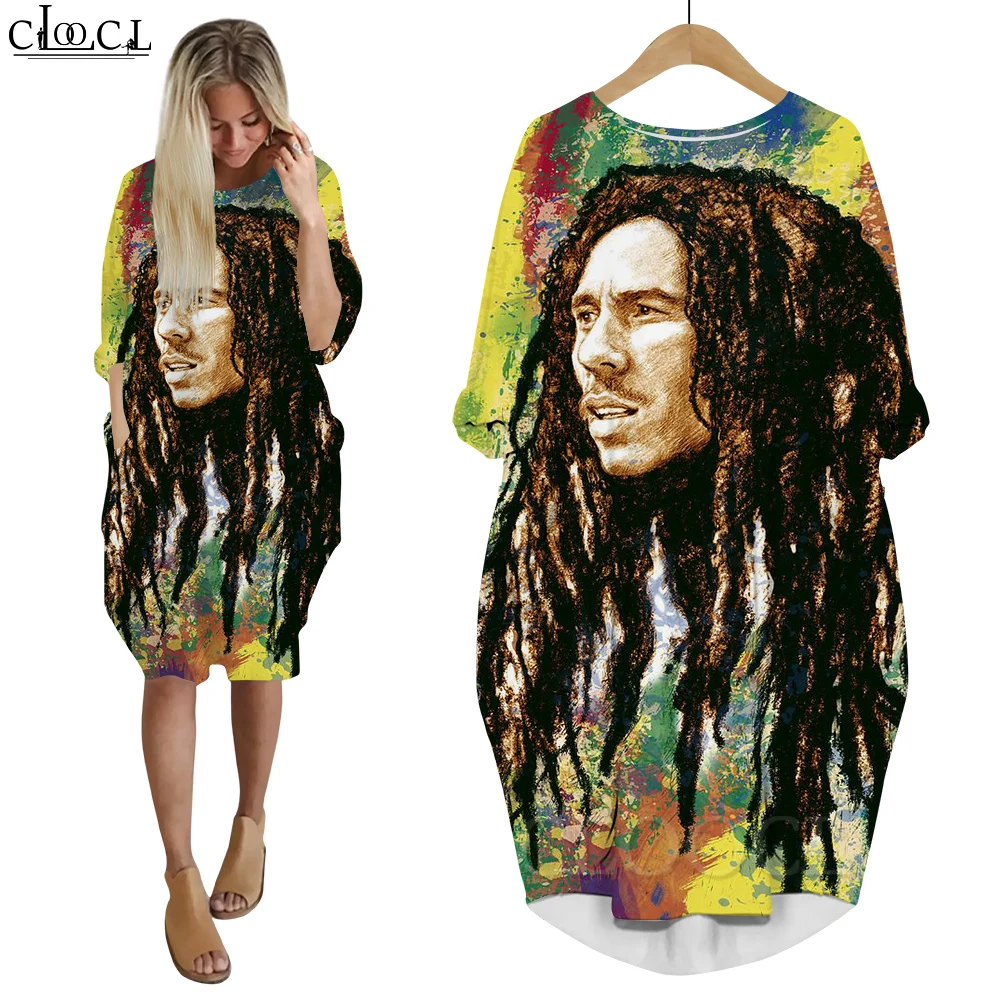 CLOOCL New Fashion Dress Bob Marley Famous Singer 3D Printed Long Sleeves Pocket Dresses Oversized Dress for Women