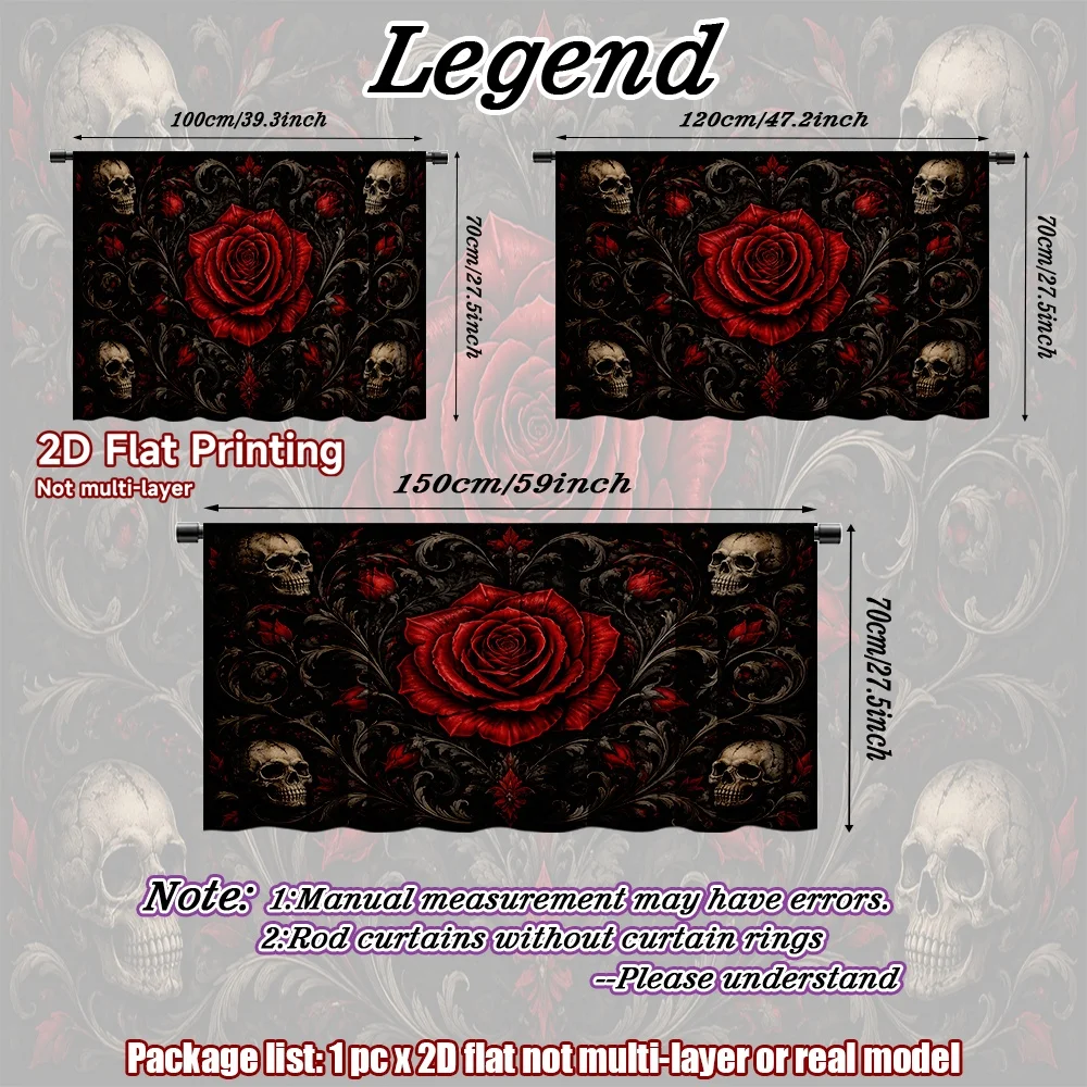 2D flat 1pc Bohemian style short curtains Red Rose Skull Shadows Digital printing Suitable for holiday decorations, applicable