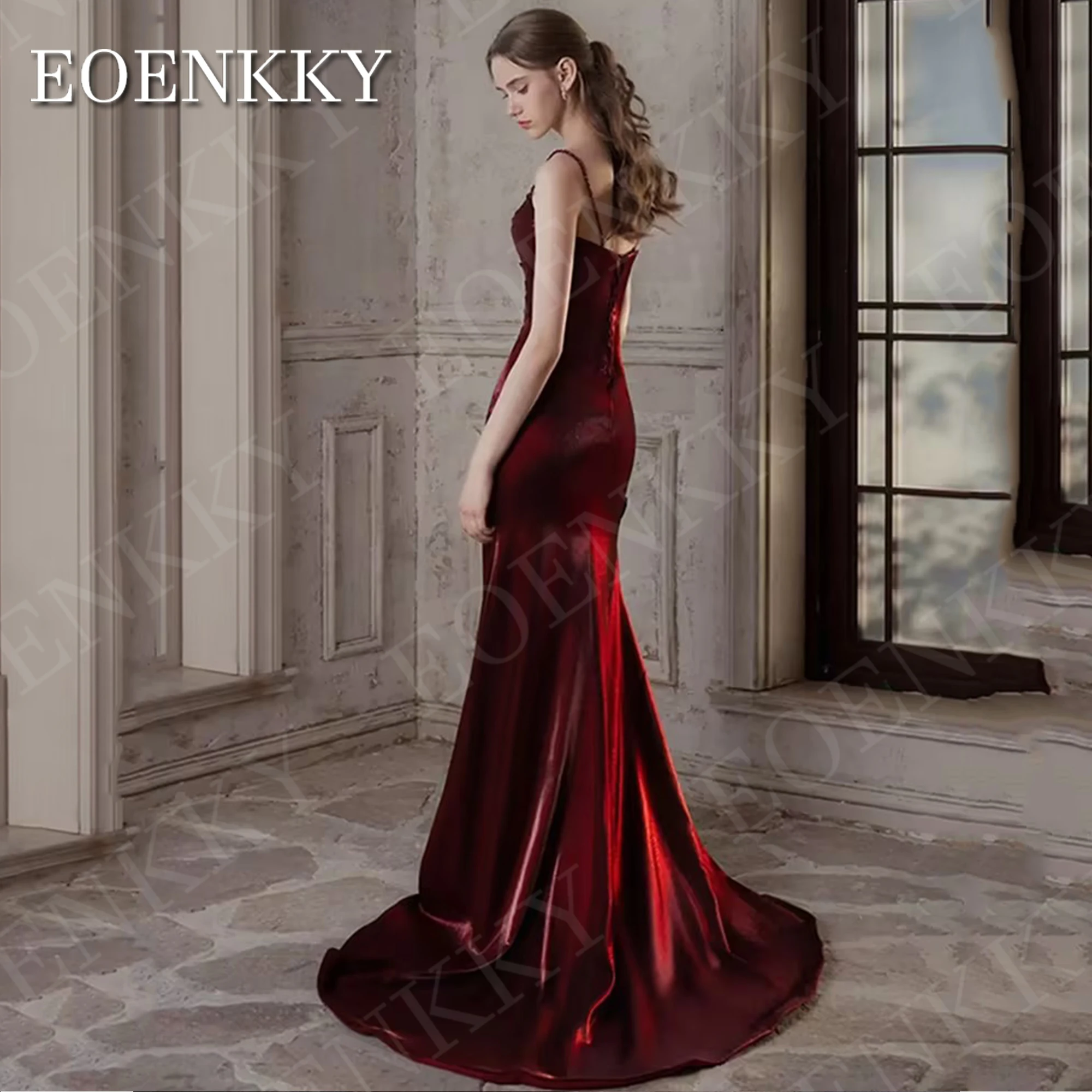 EOENKKY Burgundy Evening Dress with Sleeves Mermaid Sweetheart Neck Satin Party Prom Dresses Customized Spaghetti Straps Women