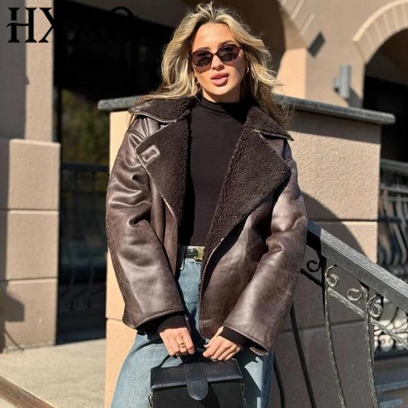 

HXAO Faux Leather Jacket Winter Coat Female Button Long Sleeve Brown Jacket Demi-Season Faux Wool Coats And Mixtures Jacket