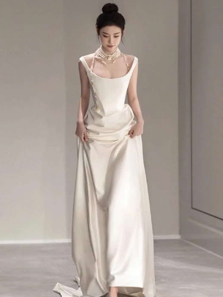 فستان زفاف بحمالات ساتان أنيق وبسيط، فستان سهرة أبيض طويل، فستان زفاف عصري للنساء