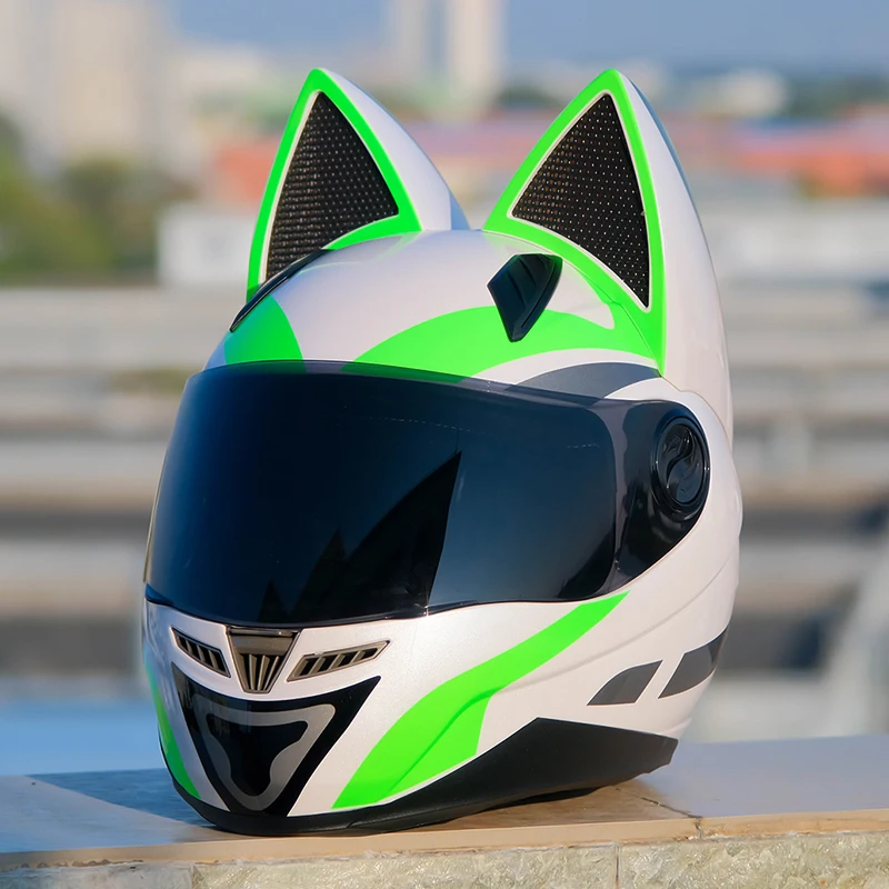 

Full Face Motorcycle Helmet Men Motocross Safety Helmet White Green Cat Helmet Women Motorcycle Capacetes Casque DOT Approved
