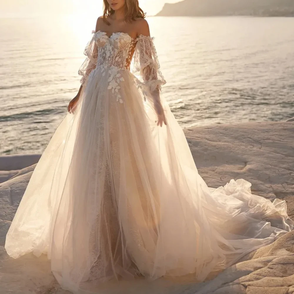 Customized Illusion Bohemian Wedding Dresses Sweetheart A Line Lace Beach Wedding Gown Puffy Sleeve Vestidos De Novia