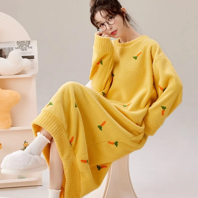 

Утепленная ночная рубашка, женские пижамы, осенние длинные стильные пижамы из кораллового флиса, удобная одежда для сна, зимняя домашняя одежда, хлопковый пижамный комплект