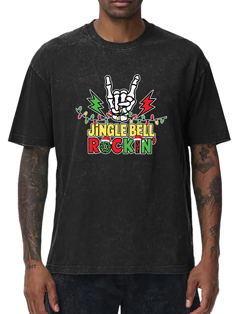 

Rock Skull 230g Heavy Cotton Washed Oversized T-Shirt for Men Christmas Graphic Tee Retro Casual Top