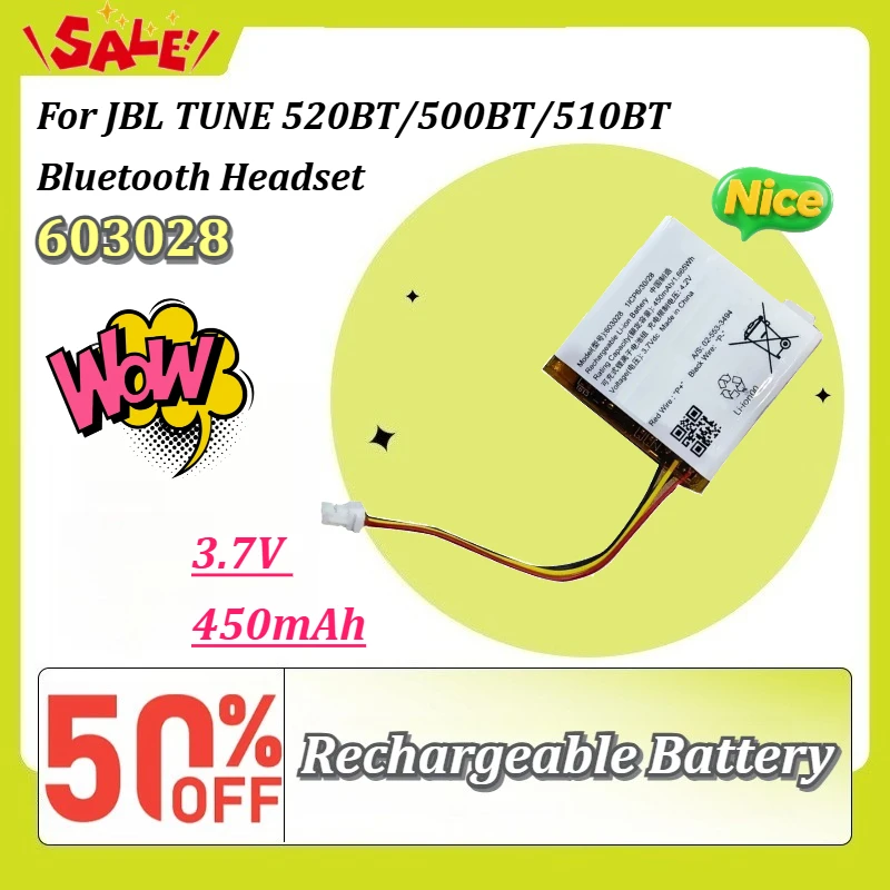 603028 1ICP6/30/28 3.7V 450mAh 1.665Wh Rechargeable Li-ion Replacement Battery For JBL TUNE 520BT/500BT/510BT Bluetooth Headset