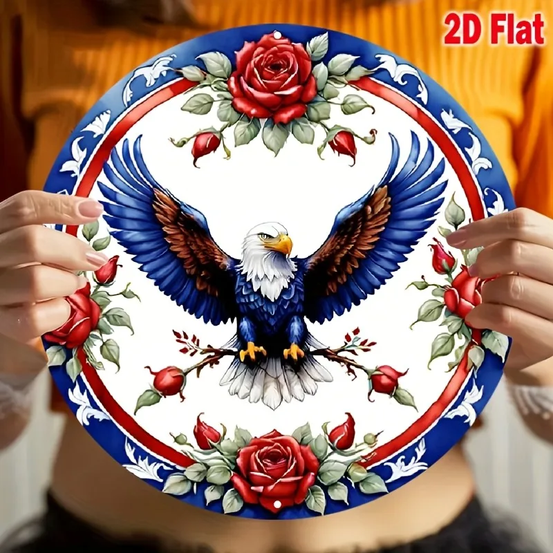 Patriotisches 20,3 cm großes rundes Metall-Adler-Blumenkranz-Schild, dekoratives Schild in Blau, Rot und Weiß für den 4. Juli