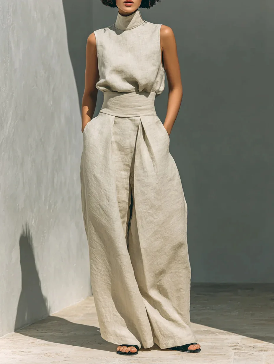 

2026 Spring And Summer New Cotton Linen Casual Suit For Women Women's Two-piece Sleeveless Top High-neck Trousers Wide-leg Pants