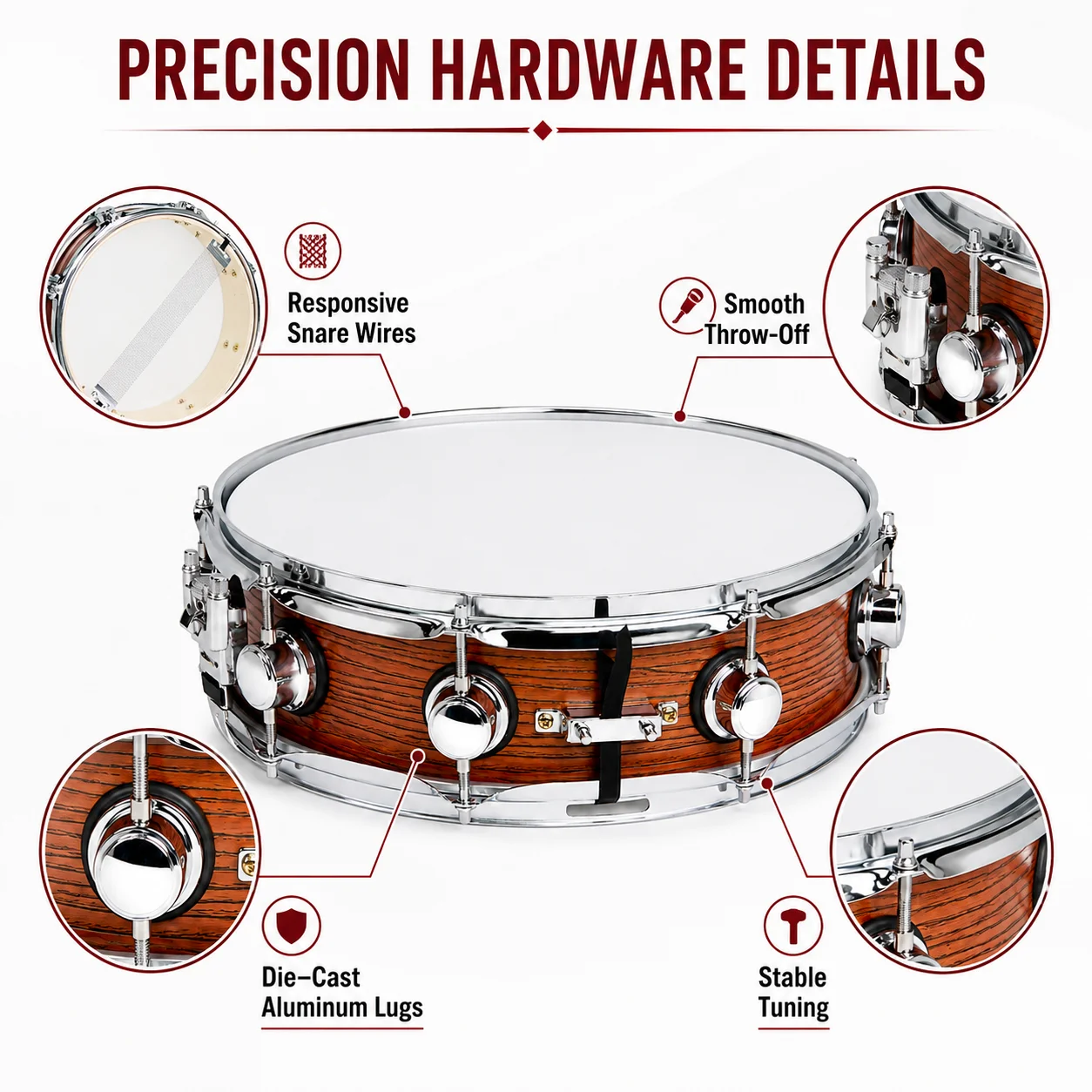 13 x 5.5 Inch Snare Drum 9 Ply Wood Shell Percussion Drum PET Head Chrome Hardware for Stage Practice Band