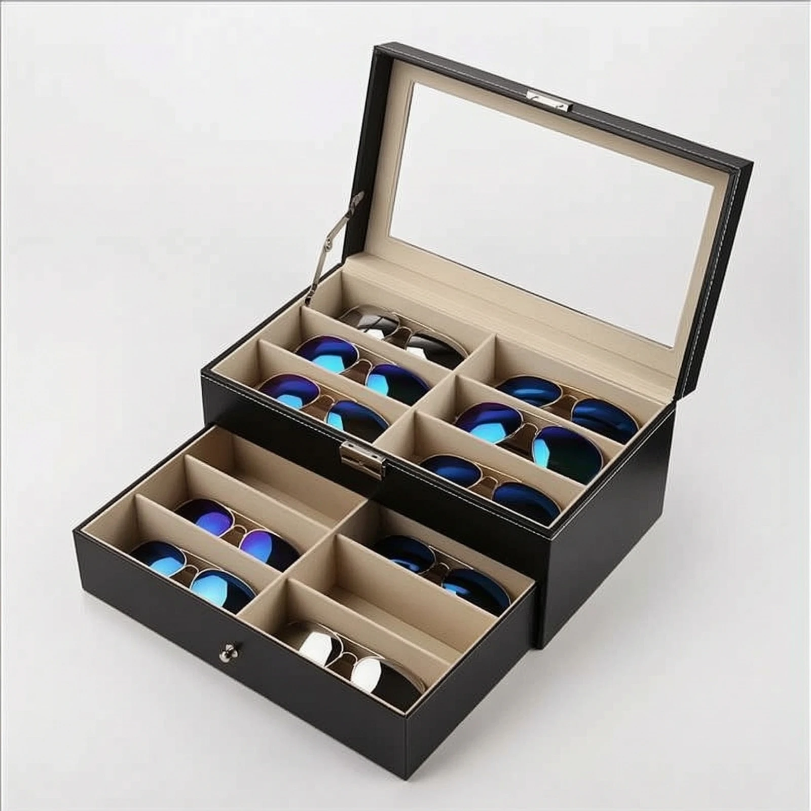 Eyewear Storage Box with Drawer Two-Layer Glasses Storage Box with Drawer Eyeglass Case with Window 12-Slot for Collectors