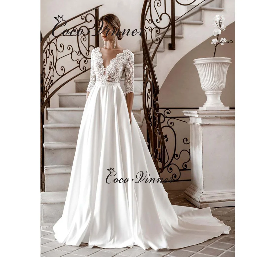 

Customized V neck A line Satin Bride Dress For Women Half Sleeves Lace On the Top Sweet Train Simple Wedding Dress W1417