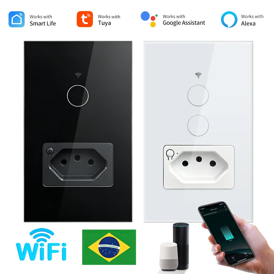 Tuya WiFi Smart Switch with Brazil Socket Plug 10A 1/2 Gang Wall Touch Light Switches Work with Smart Life App Alexa Google Home