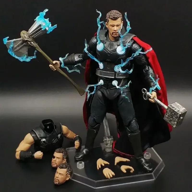 Marvel Avengers Super Hero Thor Movable Conjunto Arma Conjunta, PVC Estatueta Brinquedos, Figura de Ação Forma Batalha, Desktop Modelo Presente, 3 Cabeças