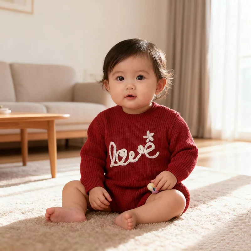 

Christmas Baby Knitting Jumpsuit Autumn Newborn Attire Knitted Round Neck Single-breasted Romper Overalls Autumn Fashion Sweater