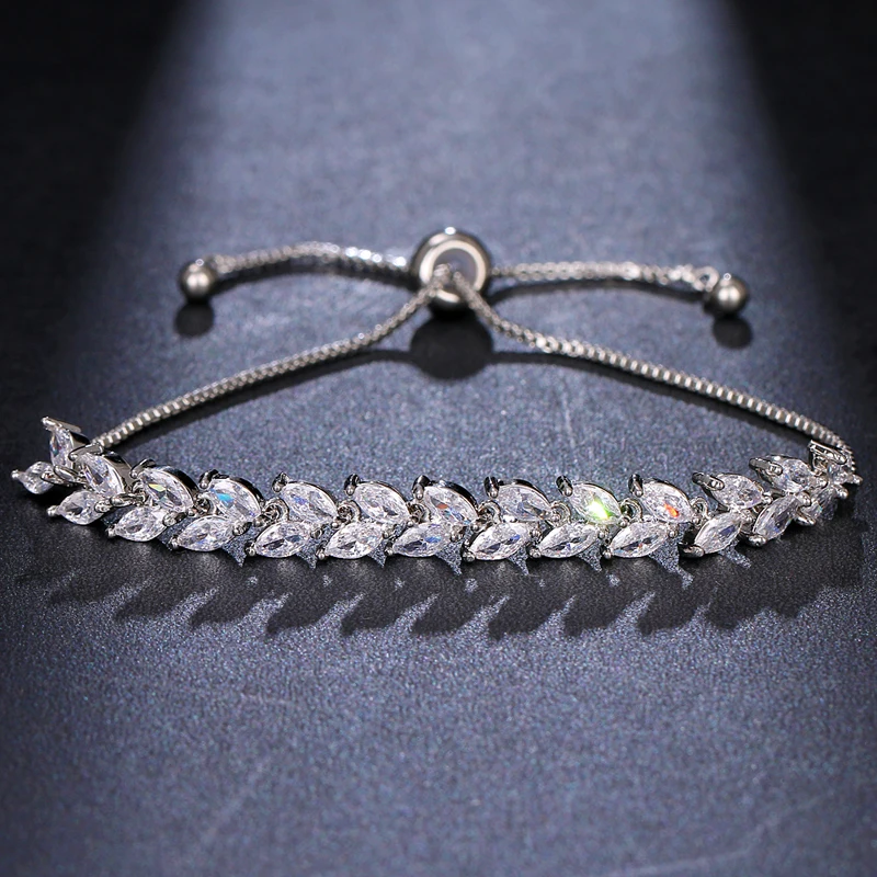 Trendy Leaf Charm Cubic Zirconia Bracelet & Bangles for Bride Bracelets Jewelry Sliver Color Clear CZ Crystal Bangles for Women