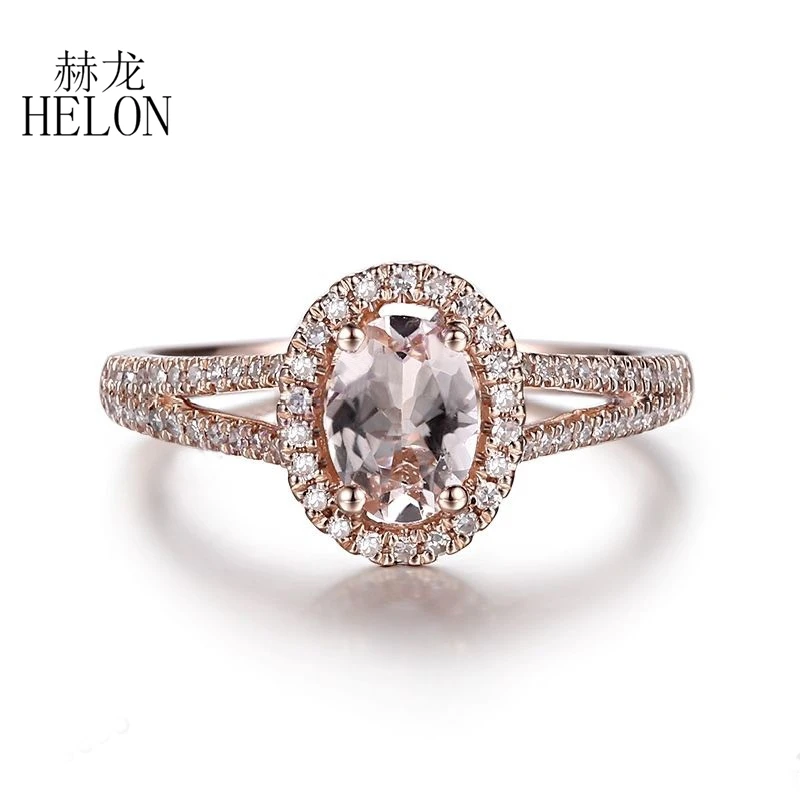 HELON Oval 5x7mm Natural Morganite Engagement Ring Solid 14K Rose Gold Real Diamonds Ring Women Birthday Anniversarry Best Gift