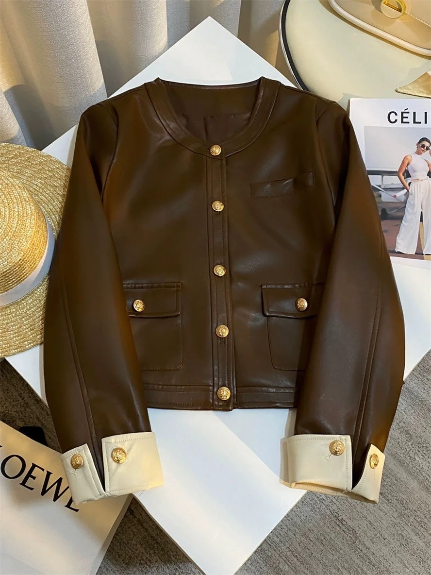 Spring Autumn Coffee Leather Jacket Women's Korean New Style Contrasting Color Design Short Coat Temperament Retro Jacket Top