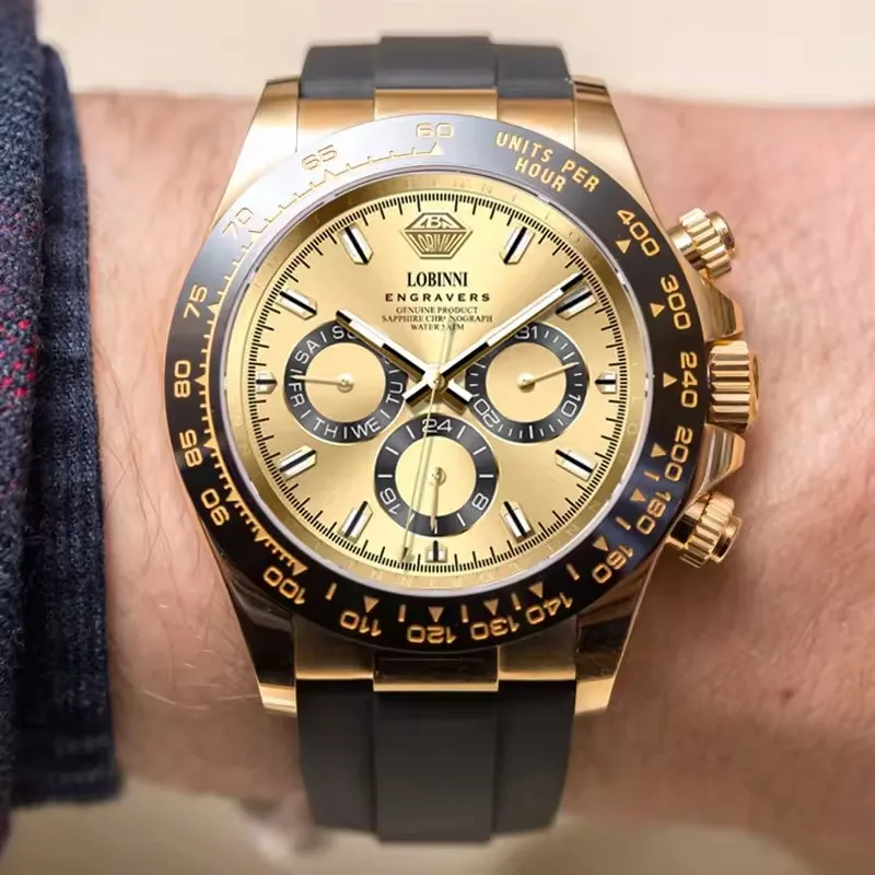 LOBINNI ساعة أوتوماتيكية للرجال 40 ملم ساعة يد ميكانيكية ذهبية 50 متر مقاومة للماء ياقوت تاريخ الأسبوع 24 ساعة JHB16