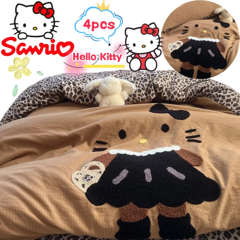 

New Sanrio Hello Kitty four-piece set creative and high-quality DIY embroidery printed cute anime cartoon home bedding products