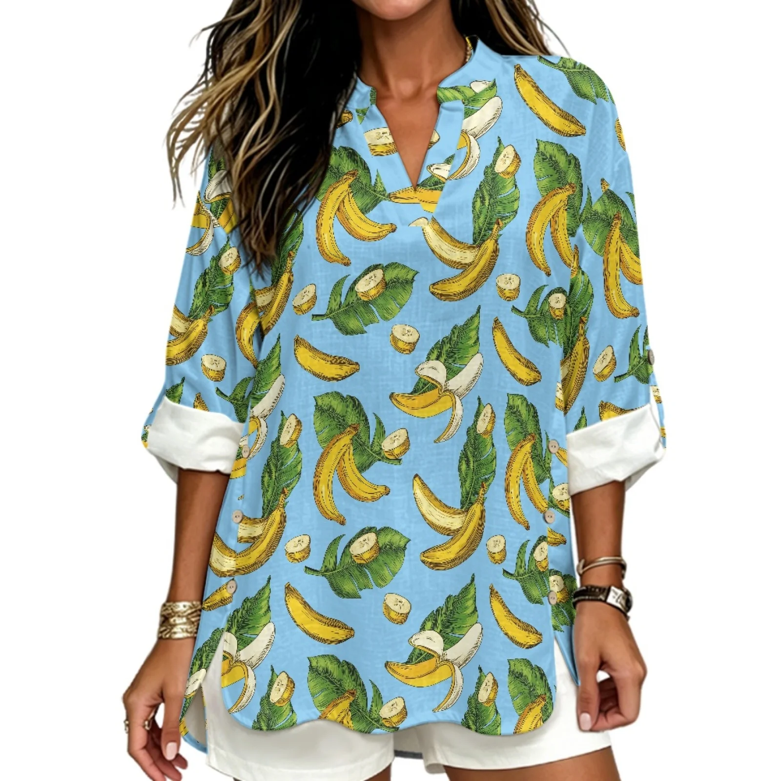 PENSTROLL Banana Lightweight Tunic Shirts for Ladies Linen Like Long Sleeve Tops V Neck Blouses