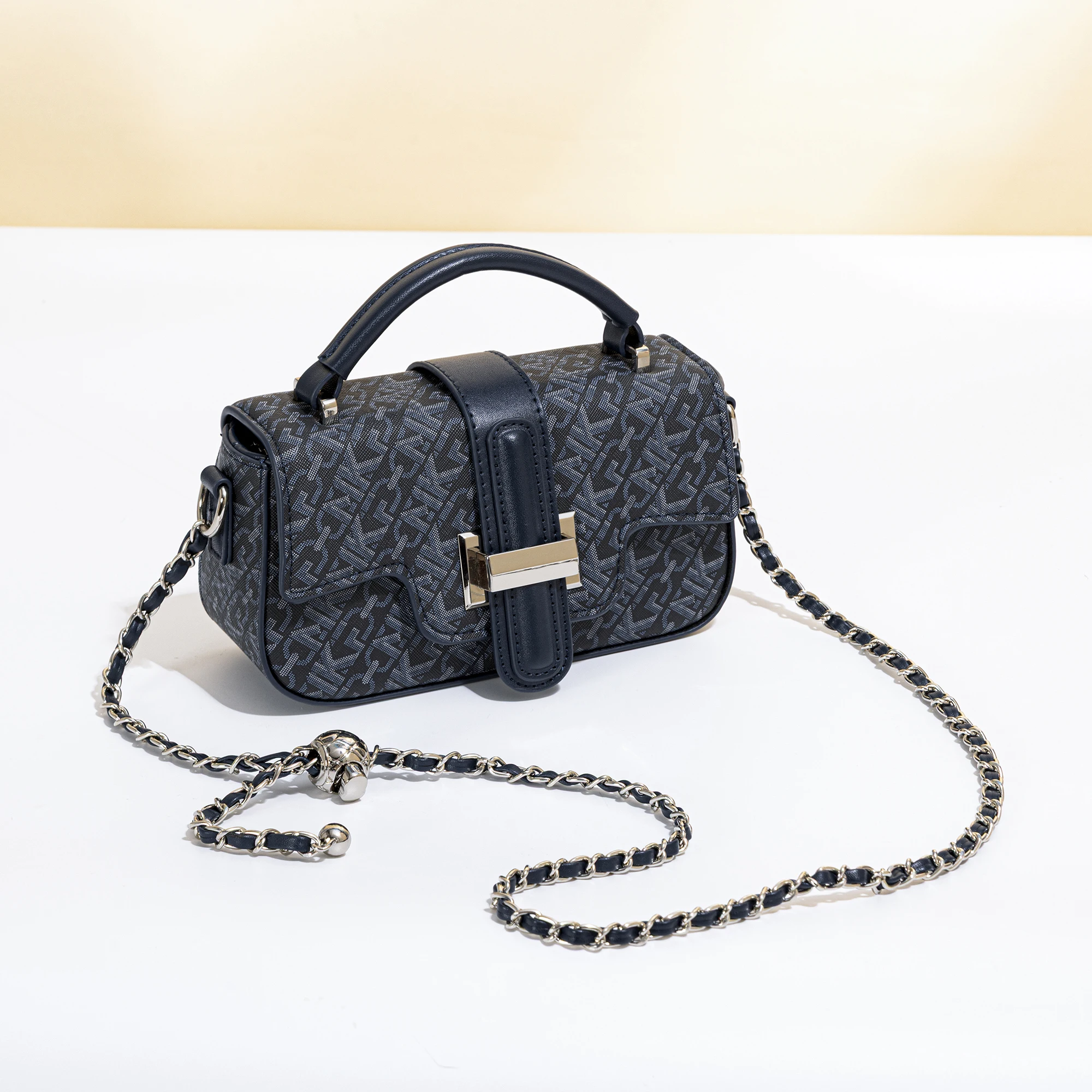 Women's vintage horizontal baguette bag, featuring MKF letter print on the patterned fabric, with a flap and square metal clasp. It comes with a short handle and an adjustable gold ball leather chain, offering multiple carrying options such as hand-carry, underarm, and crossbody. The bag is compact and exquisite, with a vintage casual style. Available in coffee and beige colors, it is a versatile crossbody handbag suitable for dates, travel, and shopping
