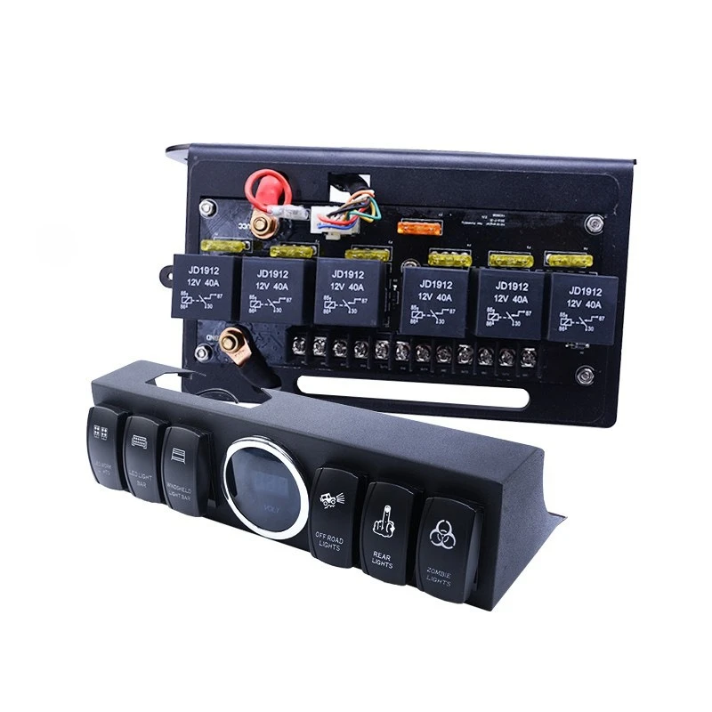 for Jeep Wrangler JK 07-18 6 Gang Switch Panel Fuse Relay Box, Line Modification Switch Control Assembly LED Digital Voltmeter