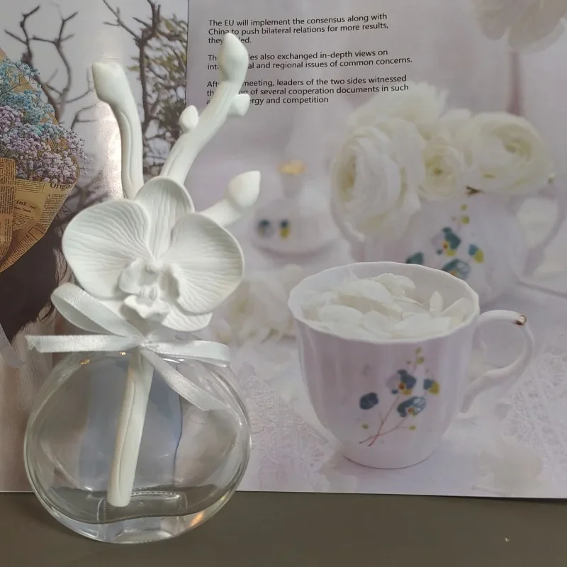 

Orchid Ceramic Flower with Glass Bottle and Ribbon, Premium Home Fragrance Accesorries,Ceramic Diffuser For Home Decor