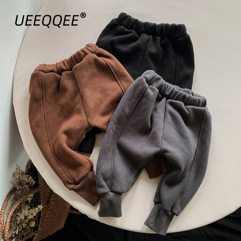 Autumn Winter Children Pants 1-8Y Boys Warm Fleece Splice Solid Daily Loose Harem Trousers Korean Toddler Wear Kids Clothing New