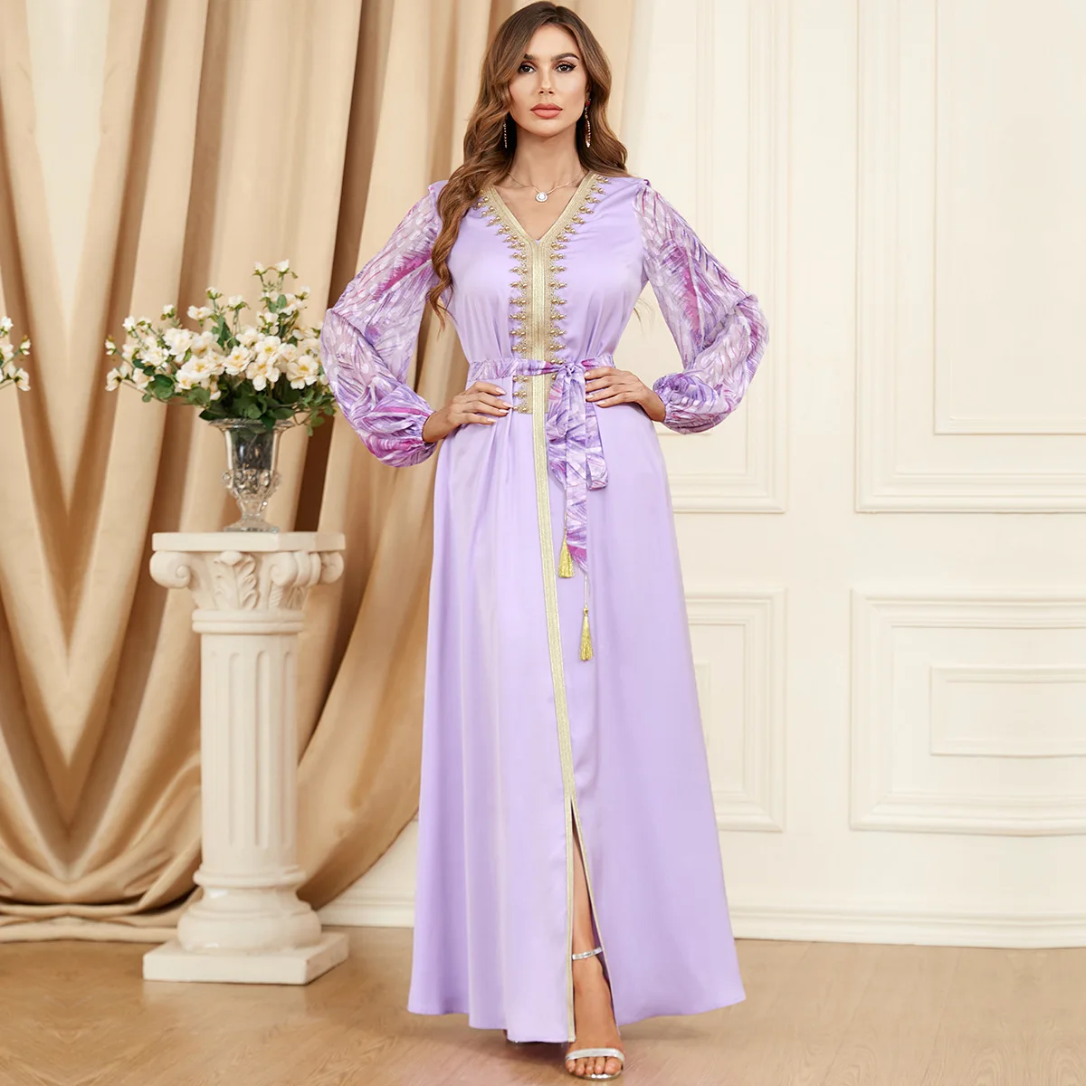 Puff Sleeves Moroccan Kaftan Abaya Hijab Dress with Belt and Beading Satin Soft Gown Elegant Long Sleeves Islamic Muslim Wear