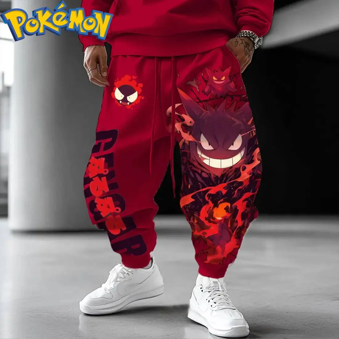 Pokemon anime gengar algodão hoodie harajuku calças conjunto vermelho roxo fantasma padrão duas peças roupa casual streetwear