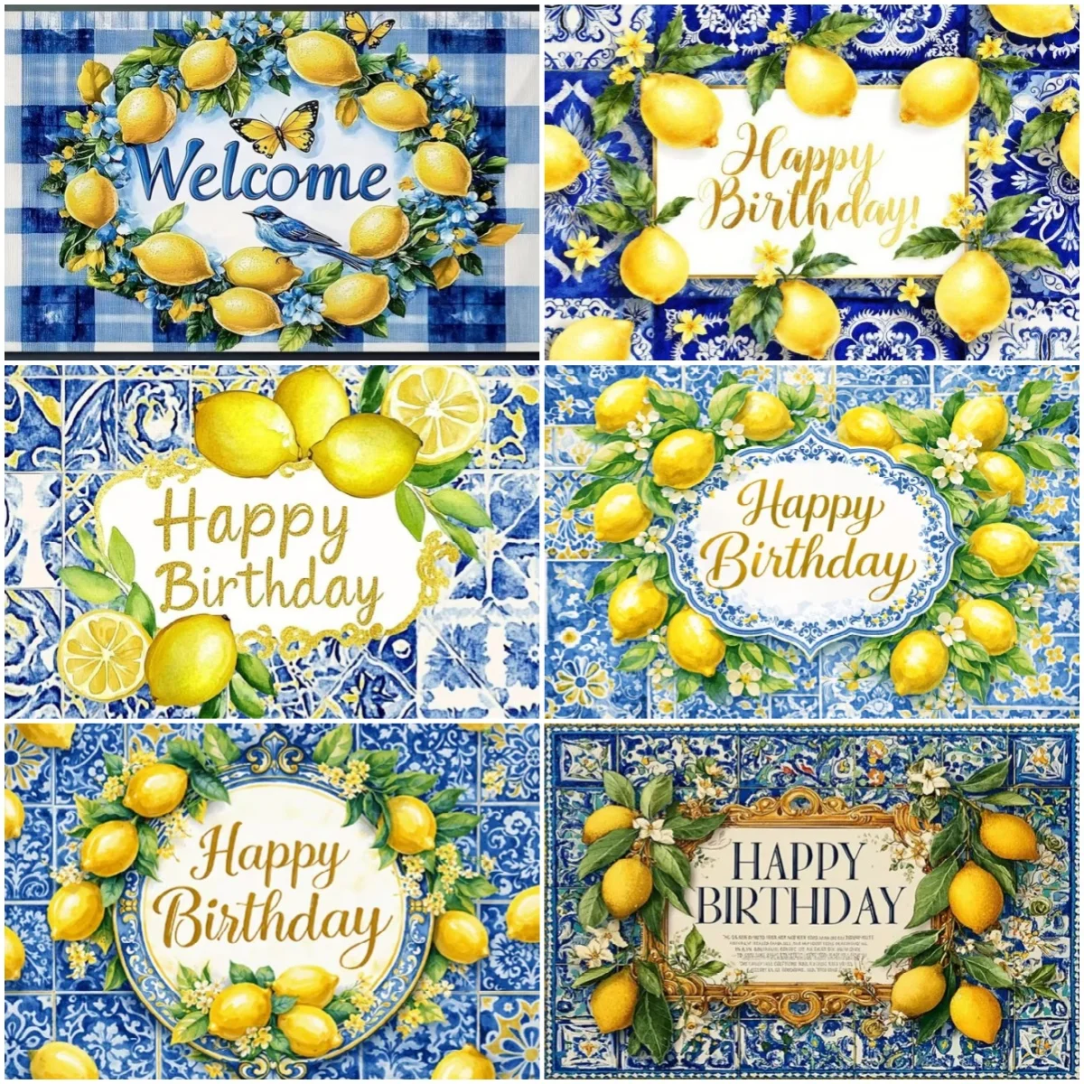 Dessert Table Backdrop - ฉากหลังตกแต่งงานเลี้ยงวันเกิดธีมเลมอน กระเบื้องเซรามิกสีน้ำเงิน ป้ายเลมอน ฉากถ่ายภาพผลไม้สีเหลือง ของตกแต่งโต๊ะขนมหวาน