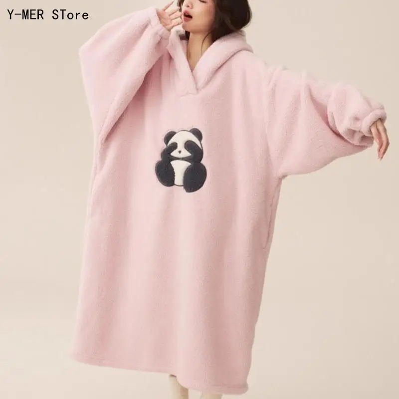 Autumn Winter Women Hooded Coral Fleece Bathrobe Cute Animal Print Ultra Warm Loungewear Sleep Long Robe