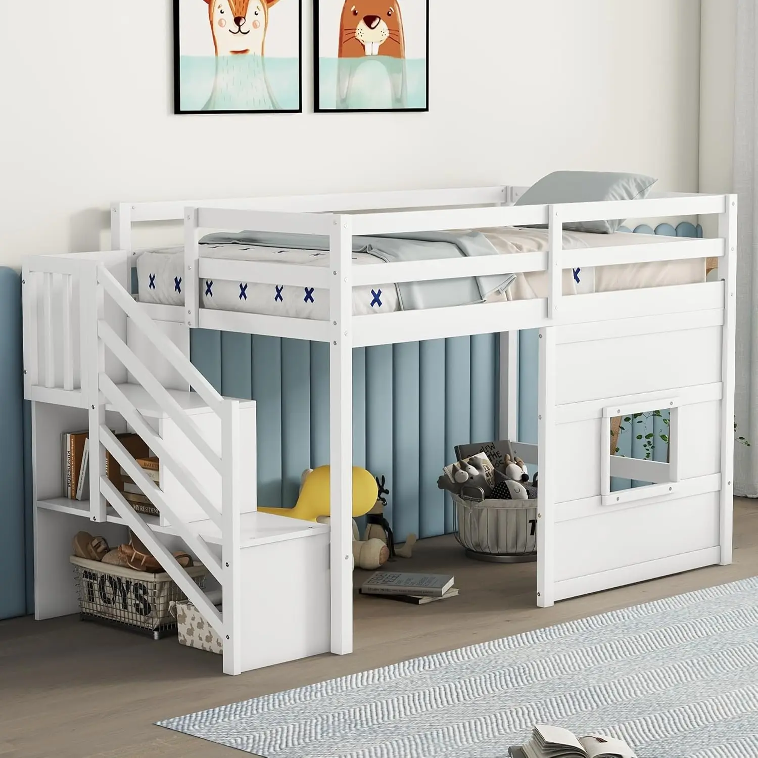 Twin Loft Bed with Stairs and Shelves for Storage, Low Loft Bed Frame with Window, White, Customized